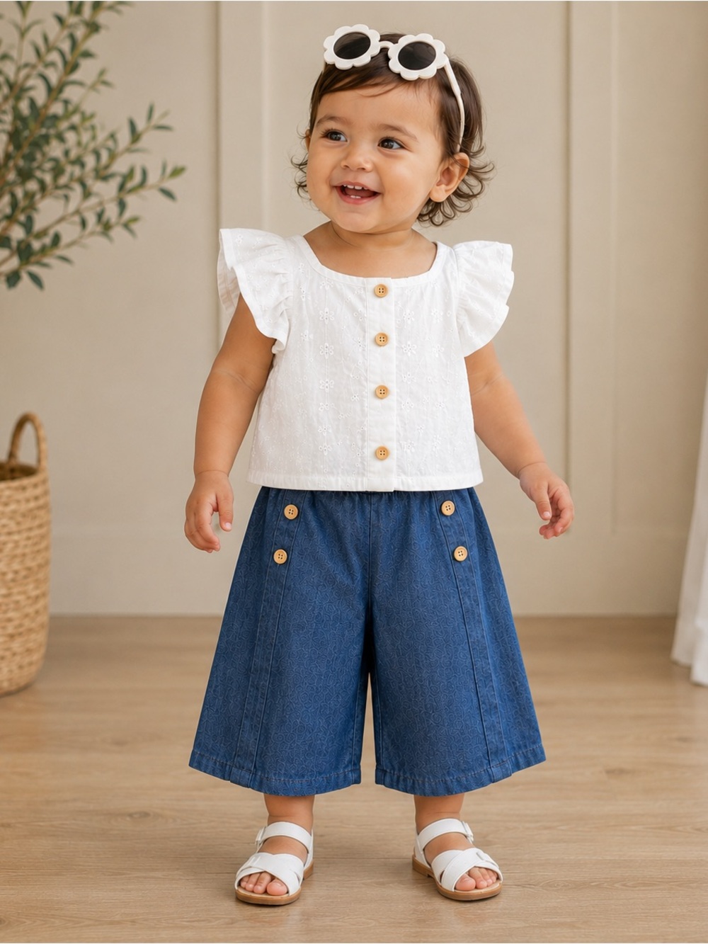 Rachel Zoe Baby 3 Piece Set Eyelet Top Chambray Pants Sunglasses Sz 12 Month